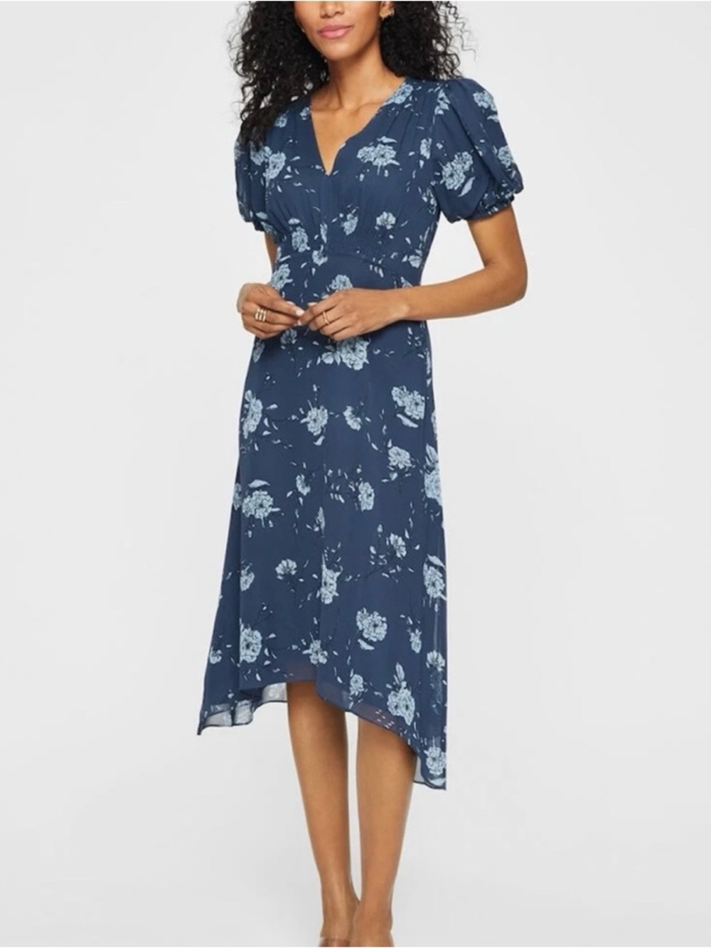 Club Monaco Silk Blue Floral Puff Sleeve V Neck Midi Dress, 8
